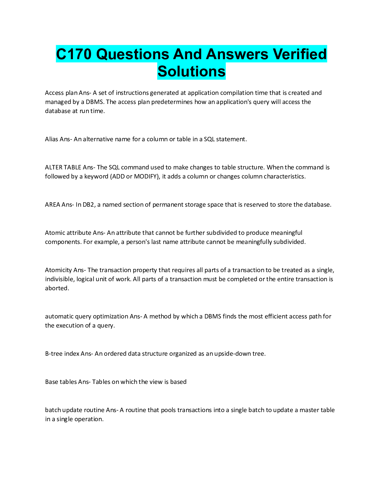 Preview image for C170 Questions And Answers Verified  Solutions